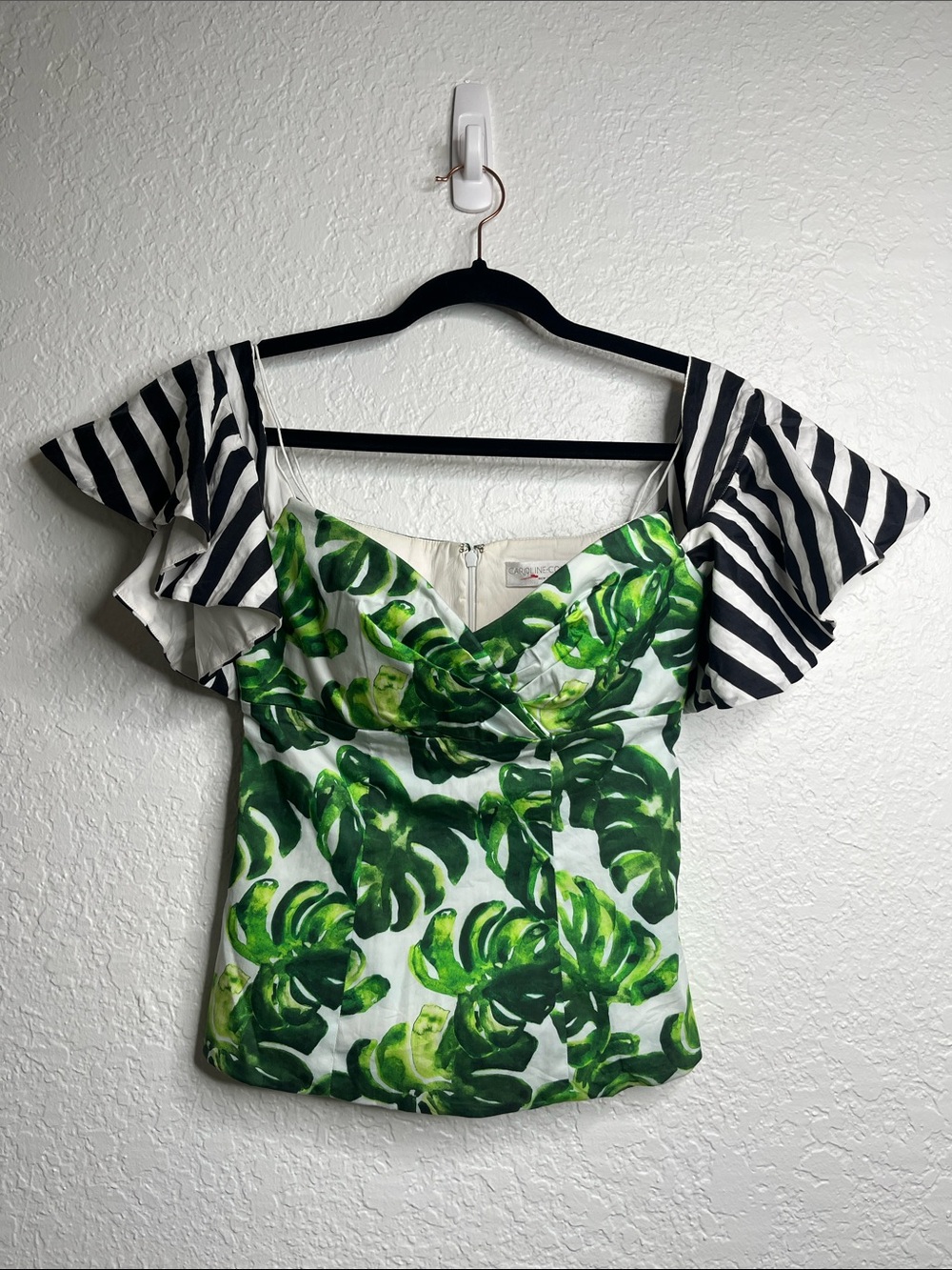 Caroline Constas Alix Off the Shoulder Palm Stripe Top sz XS - Picture 3 of 7